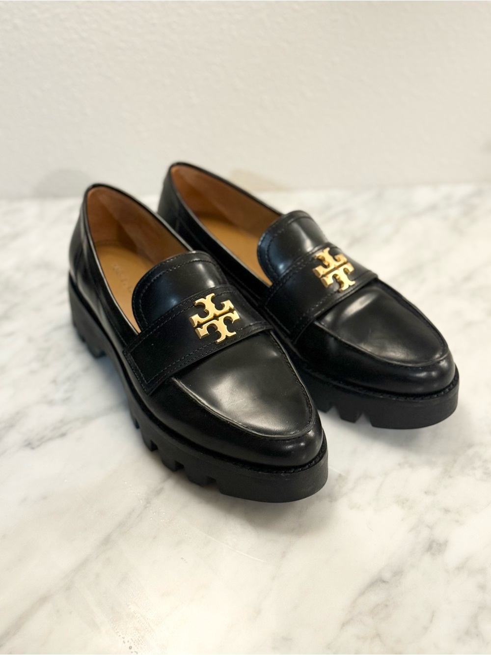 Tory Burch Black Leather Gold-Logo Platform Loafers
